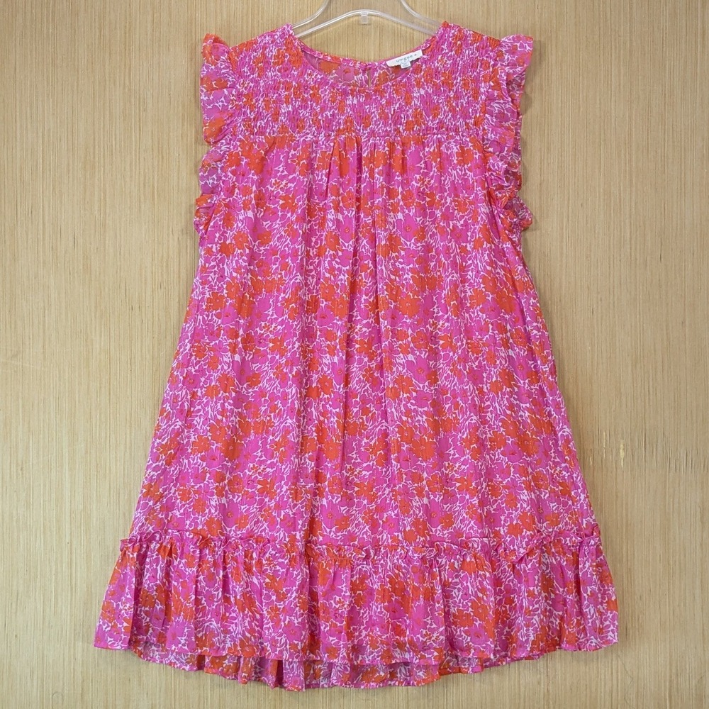 Umgee Boho Tropical Ruffle Hot Pink Floral Smocked Mini Dress 1X Metallic Stripe - Picture 2 of 8